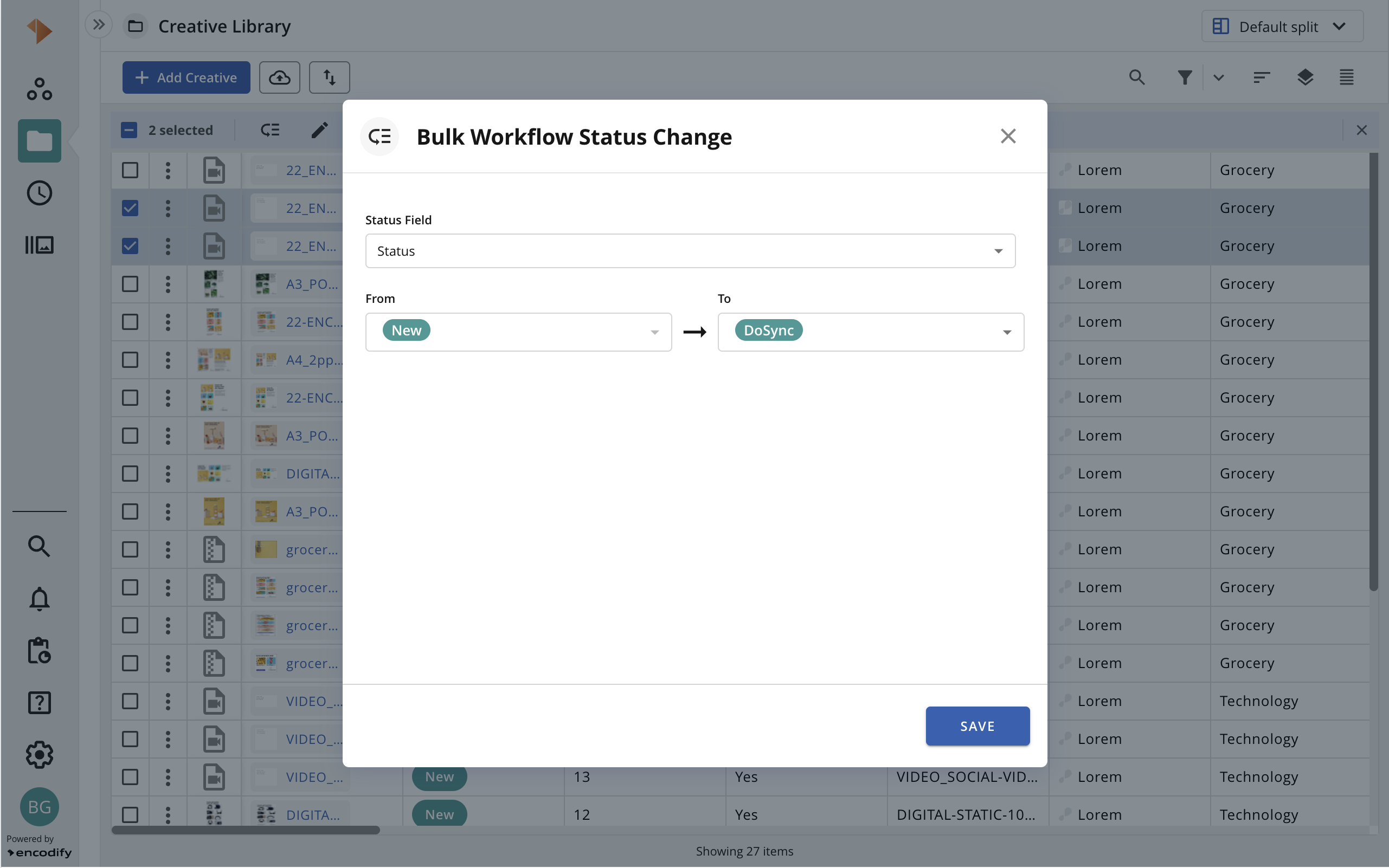 Interface for bulk workflow status change from 'New' to 'DoSync' in a library.